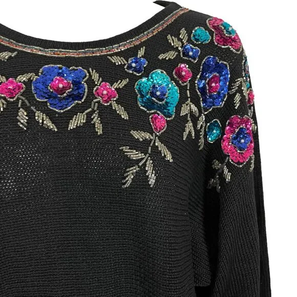 Victoria Jones Womens Vintage Beaded Sequin Floral Dolman Sleeve Sweater sz L - Picture 7 of 16